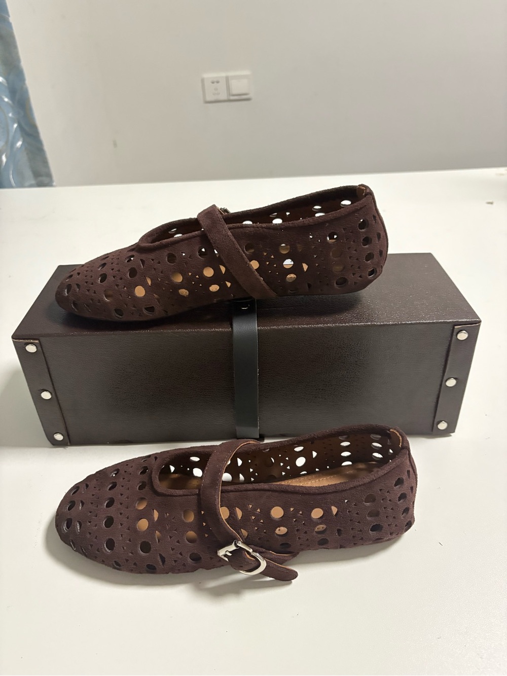 Alaïa Brown Perforated Suede Mary Jane Flats